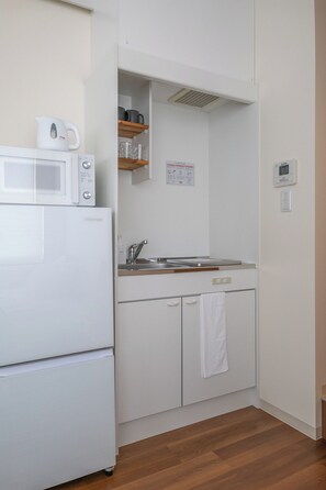 Kühlschrank, Mikrowelle, Herdplatte, Kochgeschirr/Geschirr/Besteck