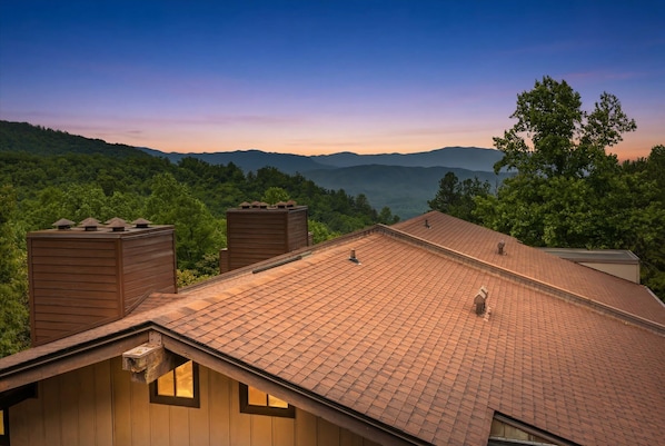 A residential building with a tiled roof, multiple chimneys, and a view of a forested mountain range.