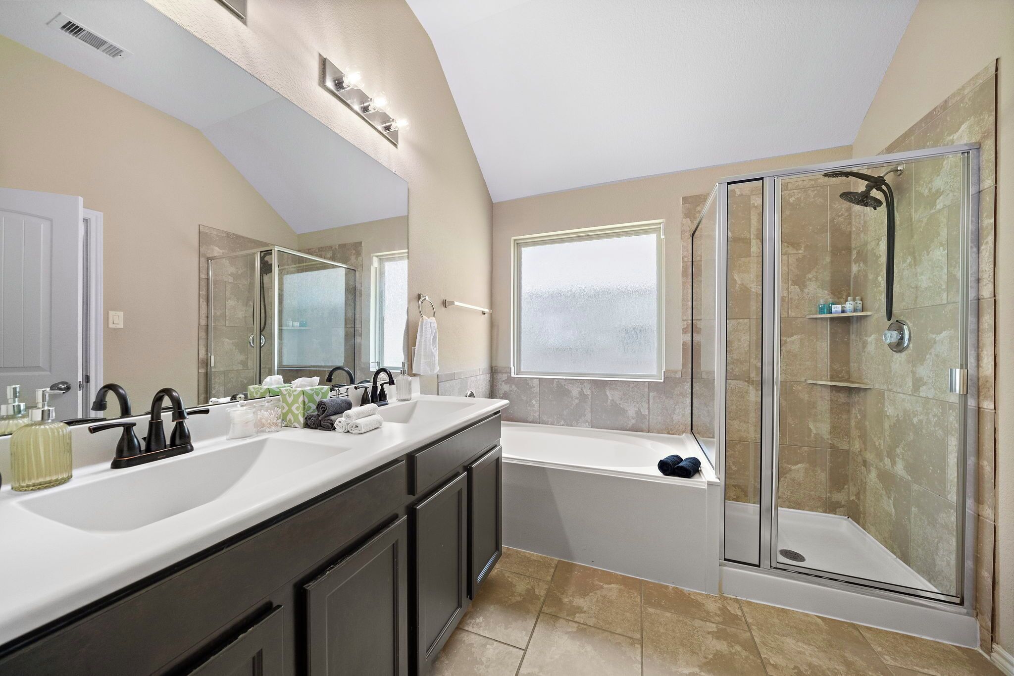 Hair dryer, towels, soap, shampoo