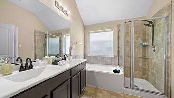 Hair dryer, towels, soap, shampoo