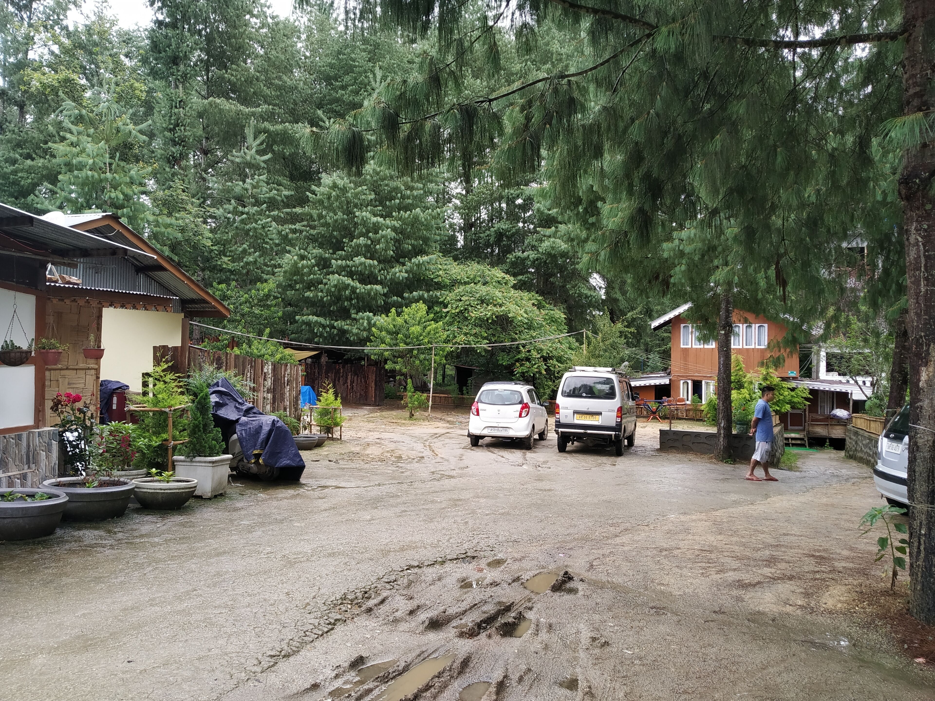 A residential area with two parked cars, a person walking, and a house with a corrugated metal roof.