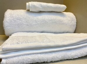 Douche, sèche-cheveux, bidet, serviettes fournies