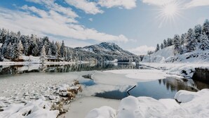 A winter landscape with a frozen lake, snow-covered trees, and mountains in the background. - Studio # 13 with Balcony (Turrach)