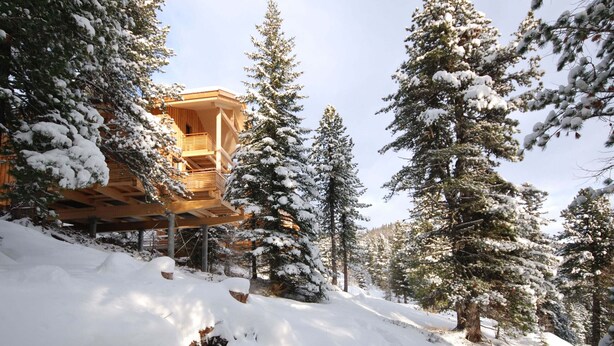 Une cabane en bois dotée d’un balcon, entourée d’arbres couverts de neige.