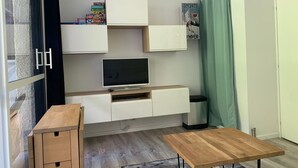 Un espacio habitable pequeño con televisor, muebles de madera y un armario con juegos de mesa.