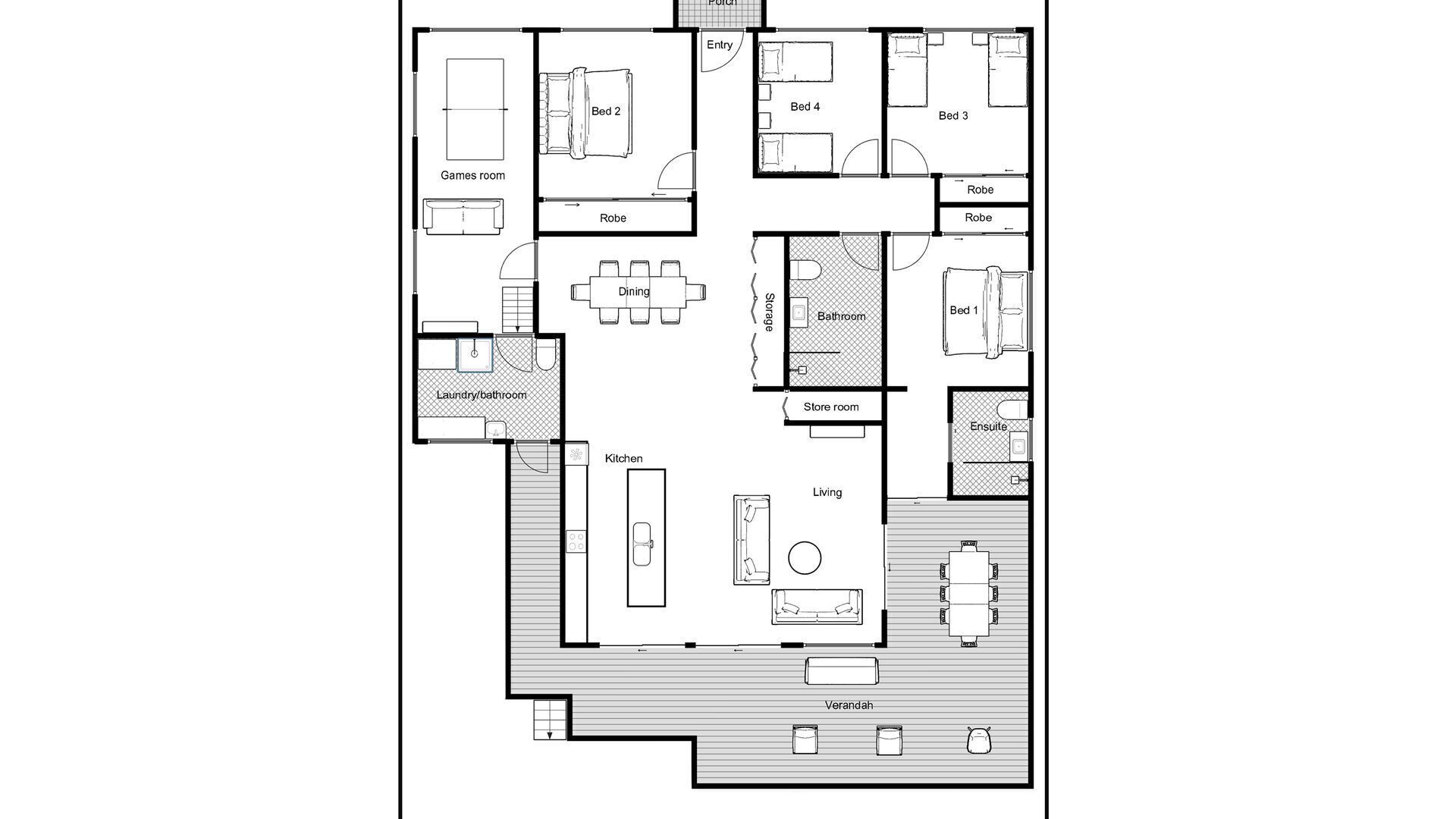 A floor plan of a hotel with a games room, dining area, kitchen, laundry/bathroom, and multiple bedrooms.