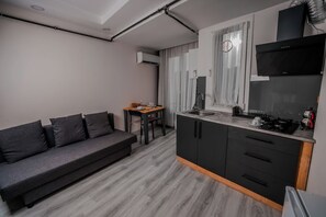 Apartamento Confort, 1 cama doble con sofá cama | Cocina privada | Frigorífico pequeño, placa de cocina y utensilios de cocina