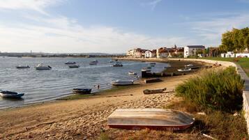 Uma praia com barcos, uma faixa de areia e edifícios ao fundo.