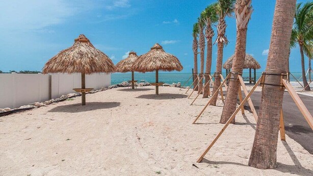 A beach with thatched umbrellas, palm trees, and a clear view of the sea. - Ocean Isles #98~ Fishing Village, Community Pool! (Marathon)