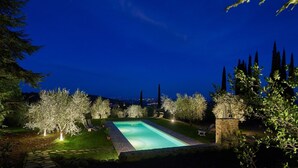 A nighttime view of a swimming pool surrounded by trees and stone structures.