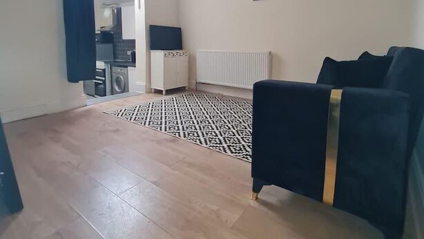 A spacious living room with a dark blue sofa, a patterned rug, and a ceiling light. - Beautiful 1-bed Apartment in North London (London)