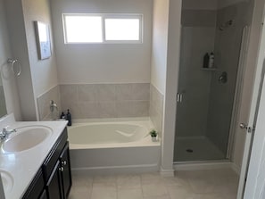 Hair dryer, towels, soap, shampoo