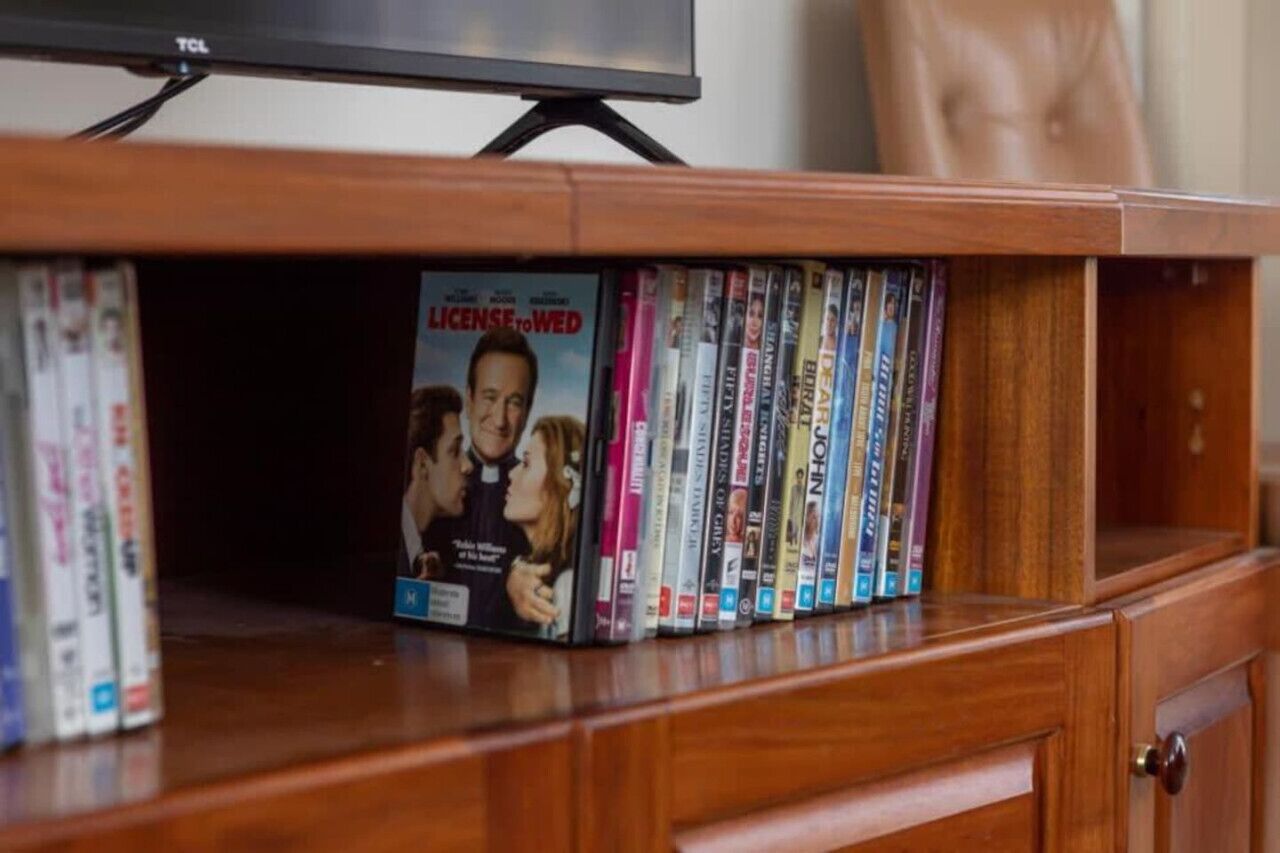A wooden shelf with a row of DVDs and a television above it.