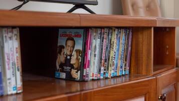 A wooden shelf with a row of DVDs and a television above it.