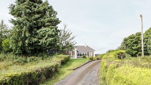A rural road leading to a house surrounded by greenery.