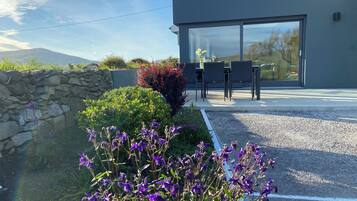 A modern building with a stone wall and a garden with purple flowers.