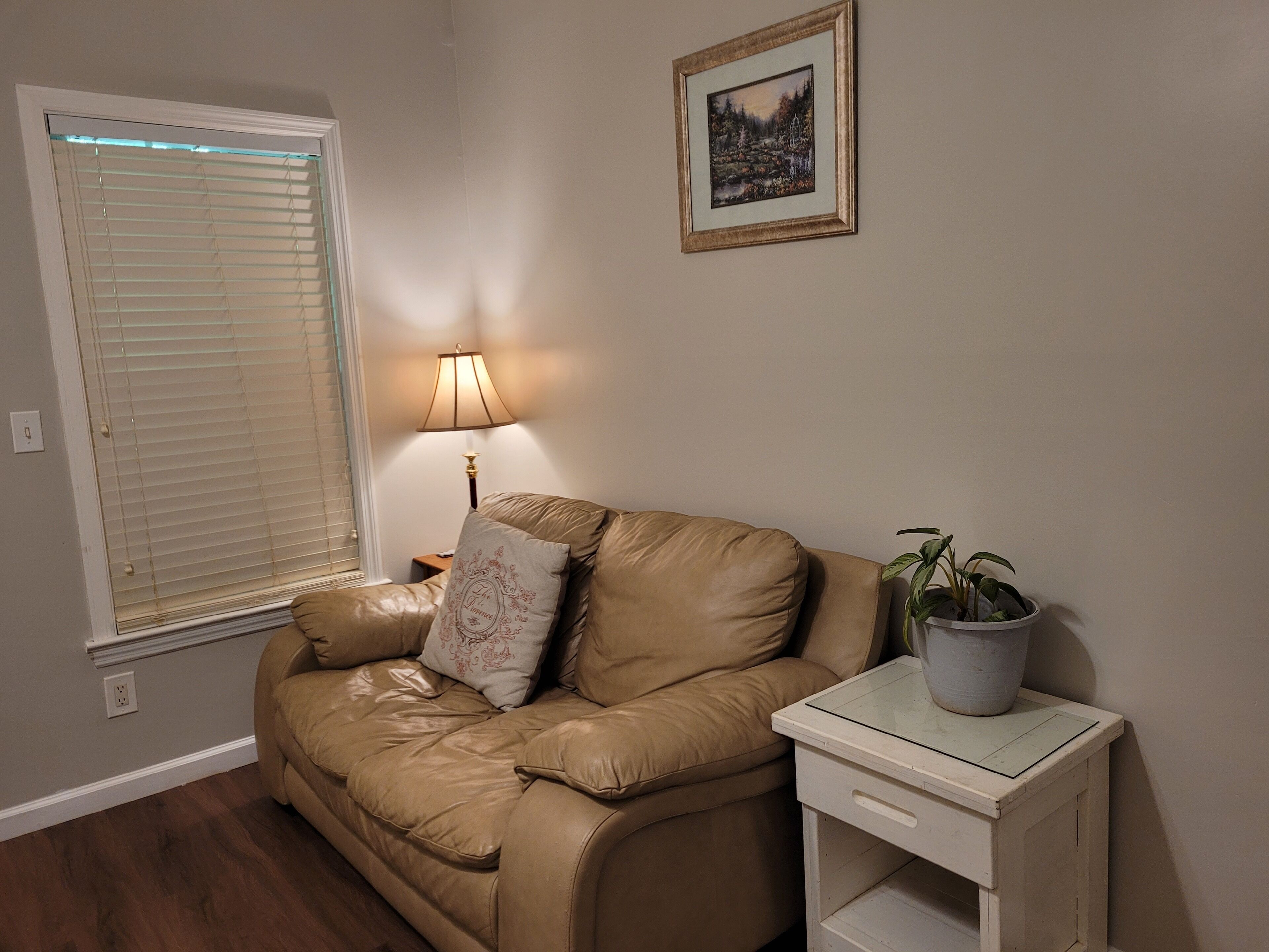 Een kamer met een beige leren bank, een klein wit nachtkastje met een lamp, een lijst met een afbeelding aan de muur en een potplant.