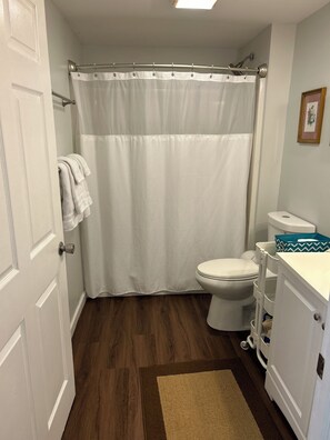 Hair dryer, towels, soap, shampoo