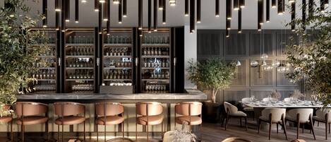 A modern bar area with a wooden bar counter, seating, and a large plant.