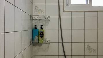 Shower, hair dryer, slippers, shampoo