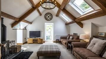 32-inch TV with cable channels, fireplace