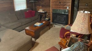 A cozy living room with a sofa, coffee table, and a fireplace. - Hilltop Hideaway in the Nacoochee Village (Helen)