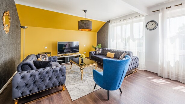 A living room with a sofa, armchair, coffee table, and TV. - L'Adeline - Charmant appartement (Lingolsheim)