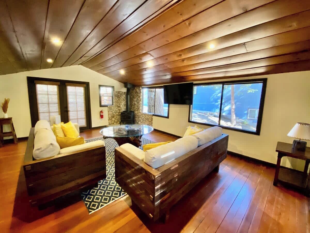 Televisión, chimenea y oficina 