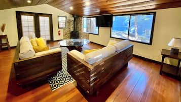 Televisión, chimenea y oficina