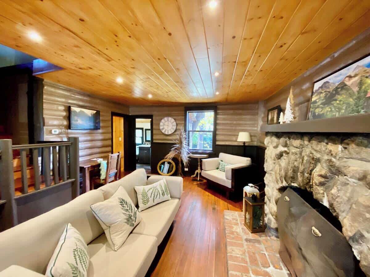 Televisión, chimenea y oficina 