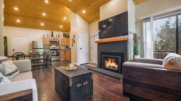 Televisión, chimenea y oficina