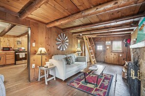 TV, fireplace - The Hideout - Cozy Pet-friendly Cottage in Town (Idyllwild-Pine Cove)