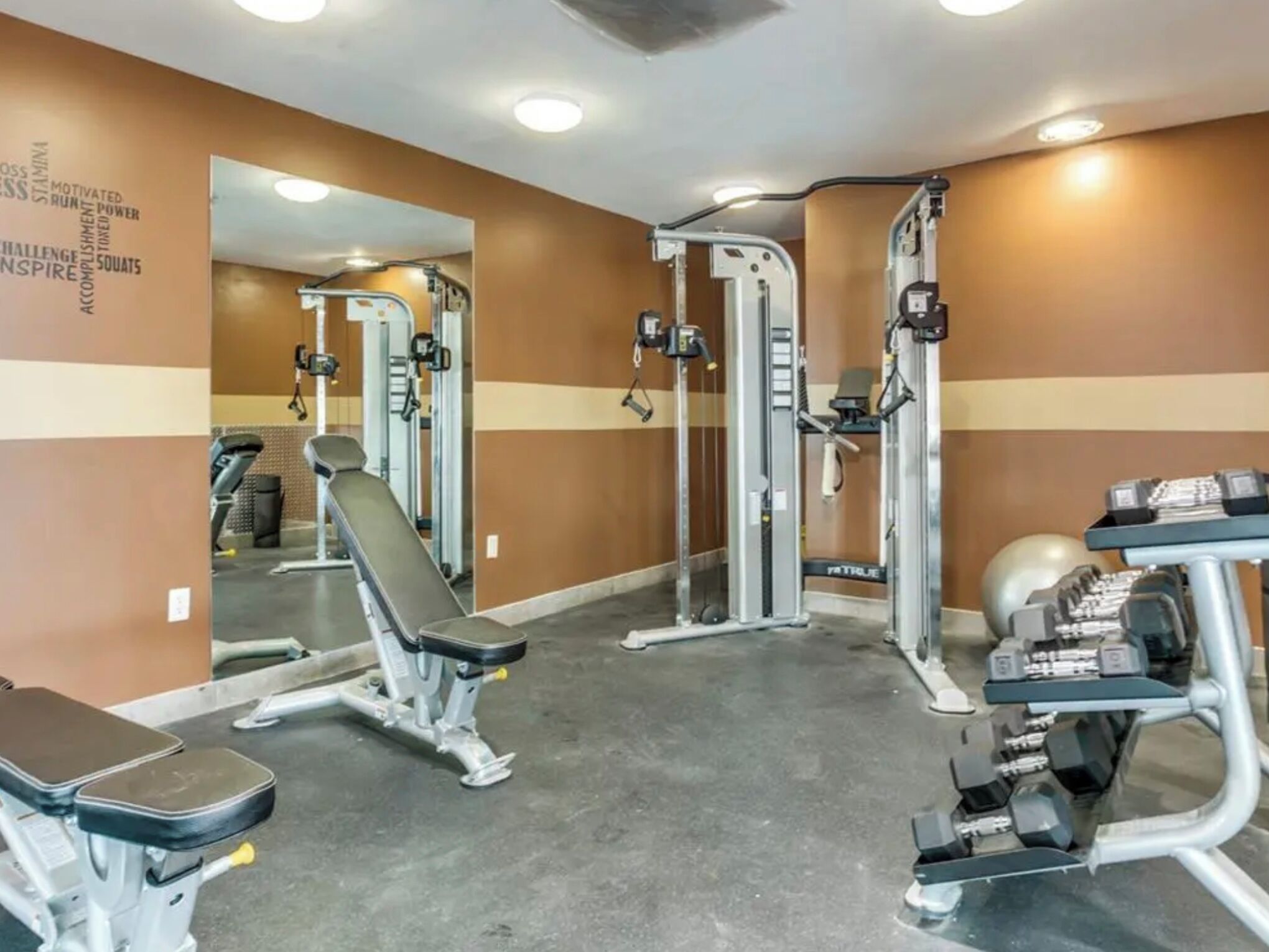 A gym with various exercise equipment, including a bench, weight machines, and dumbbells.