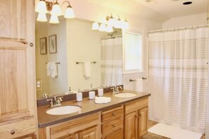Hair dryer, towels, soap, shampoo
