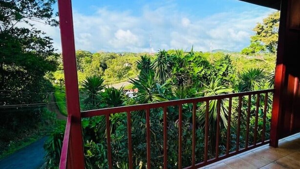 Un balcon doté d’un sol carrelé et d’une rambarde rouge, offrant une vue sur un paysage verdoyant et luxuriant, avec des arbres et une route.