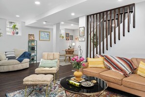 TV connectée, cheminée, livres, médiathèque