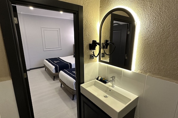 Shower, rainfall showerhead, hair dryer, slippers