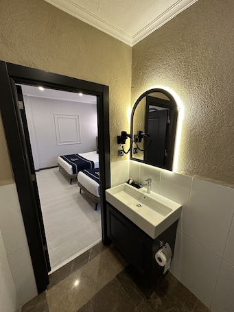 Shower, rainfall showerhead, hair dryer, slippers