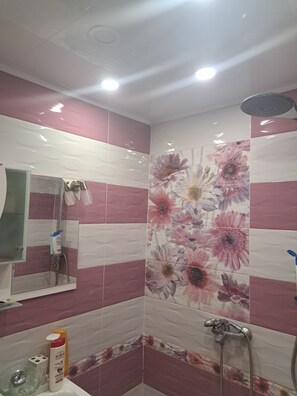 Een haardroger, handdoeken, zeep, toiletpapier