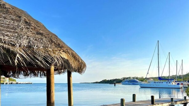 A wooden dock extending into calm waters with a thatched-roof structure on the left. - Pearl Cove Casita @ Dixon Cove (Dixon Cove)