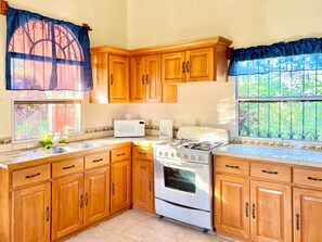 Een koelkast, een magnetron, een oven, een kookplaat