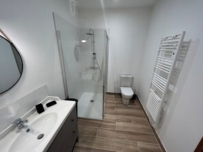 Shower, hair dryer, toilet paper