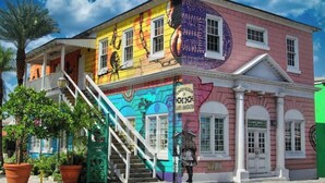 A colorful building with a staircase leading to a porch, surrounded by potted plants.