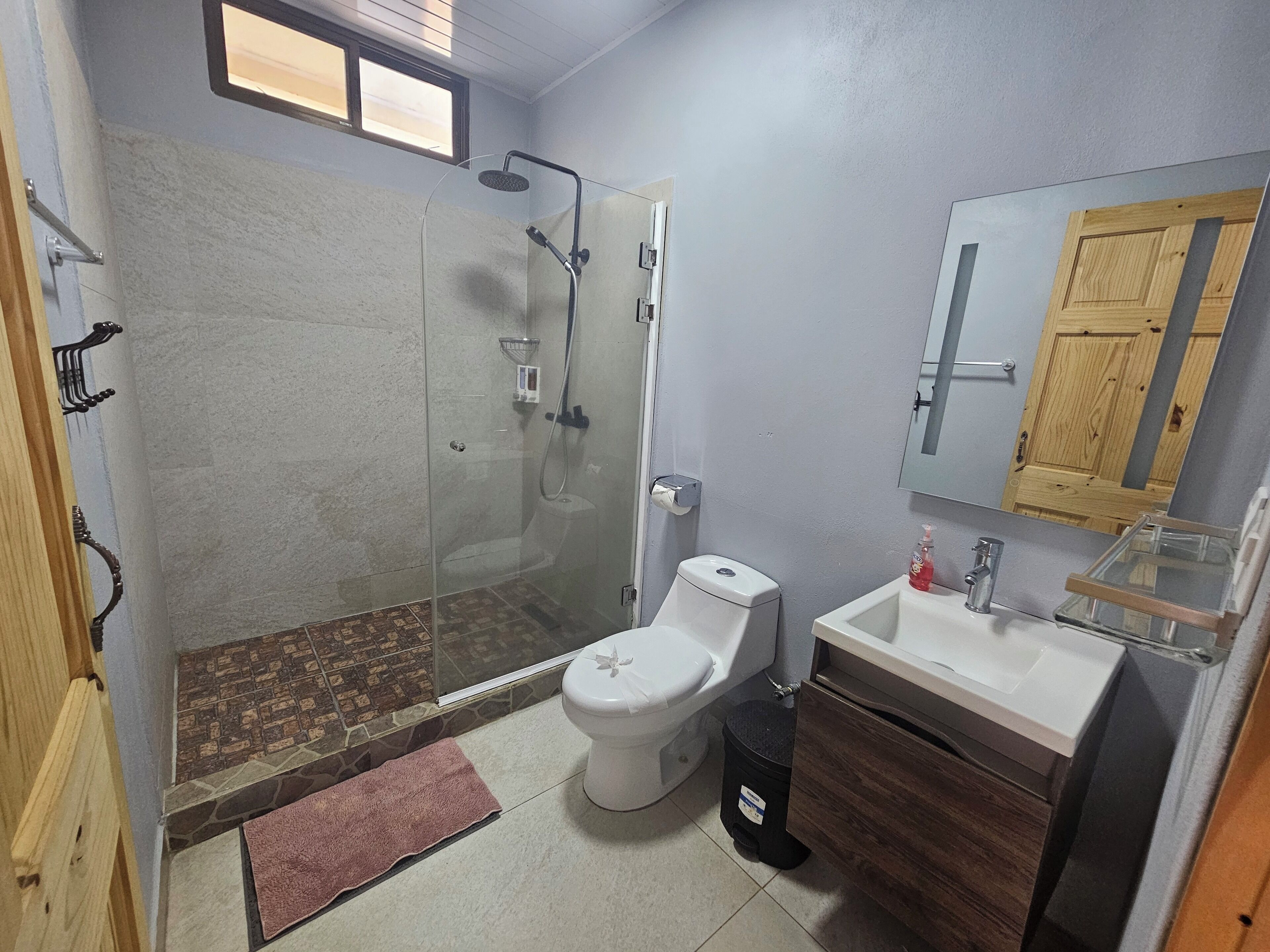 A bathroom with a glass-enclosed shower, a toilet, a sink, and a mirror.