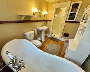 Hair dryer, towels, soap, shampoo