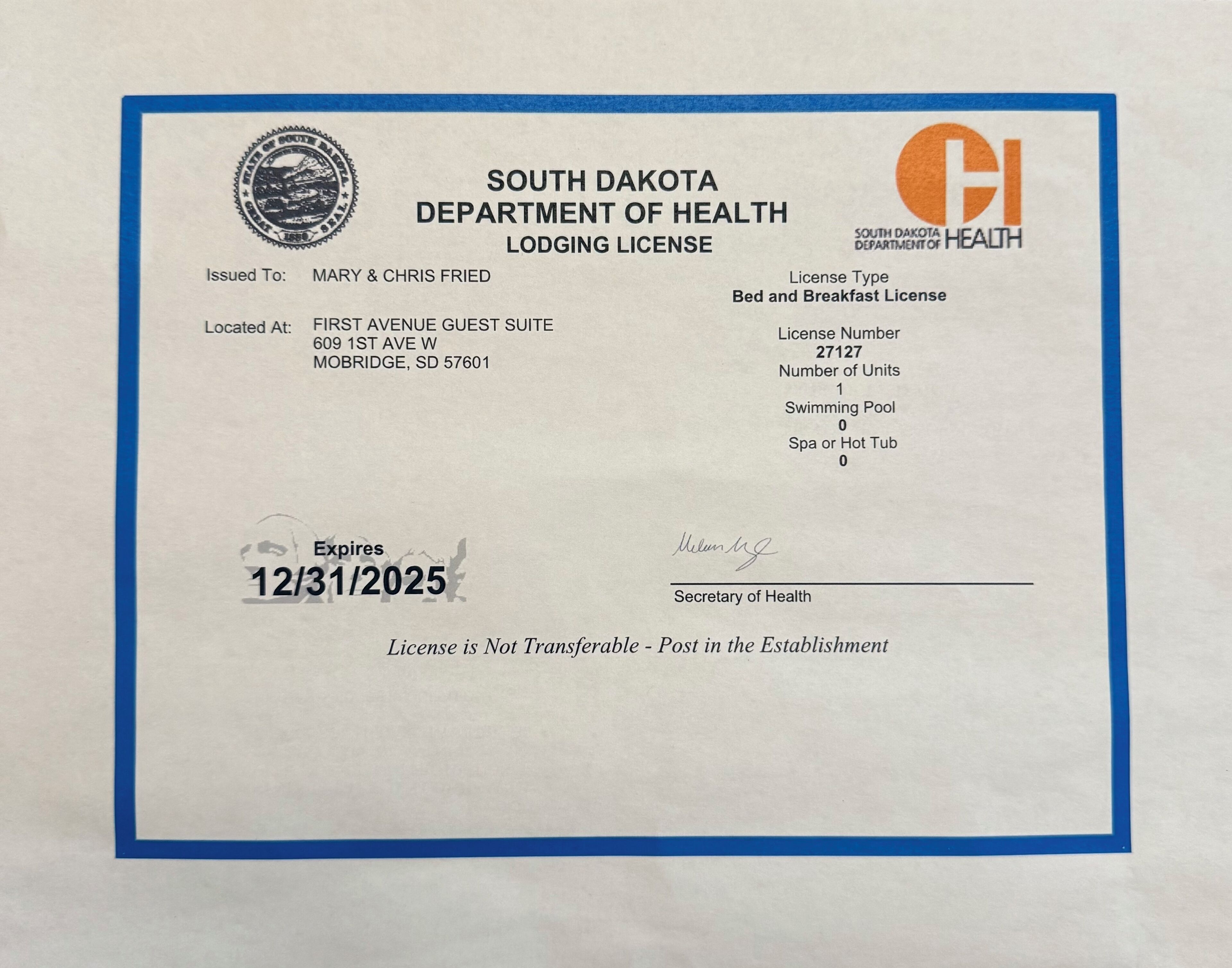A South Dakota Department of Health lodging license for a bed and breakfast.