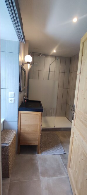 Shower, hair dryer, shampoo, toilet paper