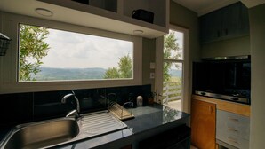 Een moderne keuken met een groot raam, een RVS-gootsteen en inbouwapparatuur.