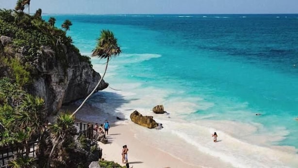 A beach with clear turquoise water, rocky outcrops, and palm trees. - Casa Caribe Tulum (Tulum)