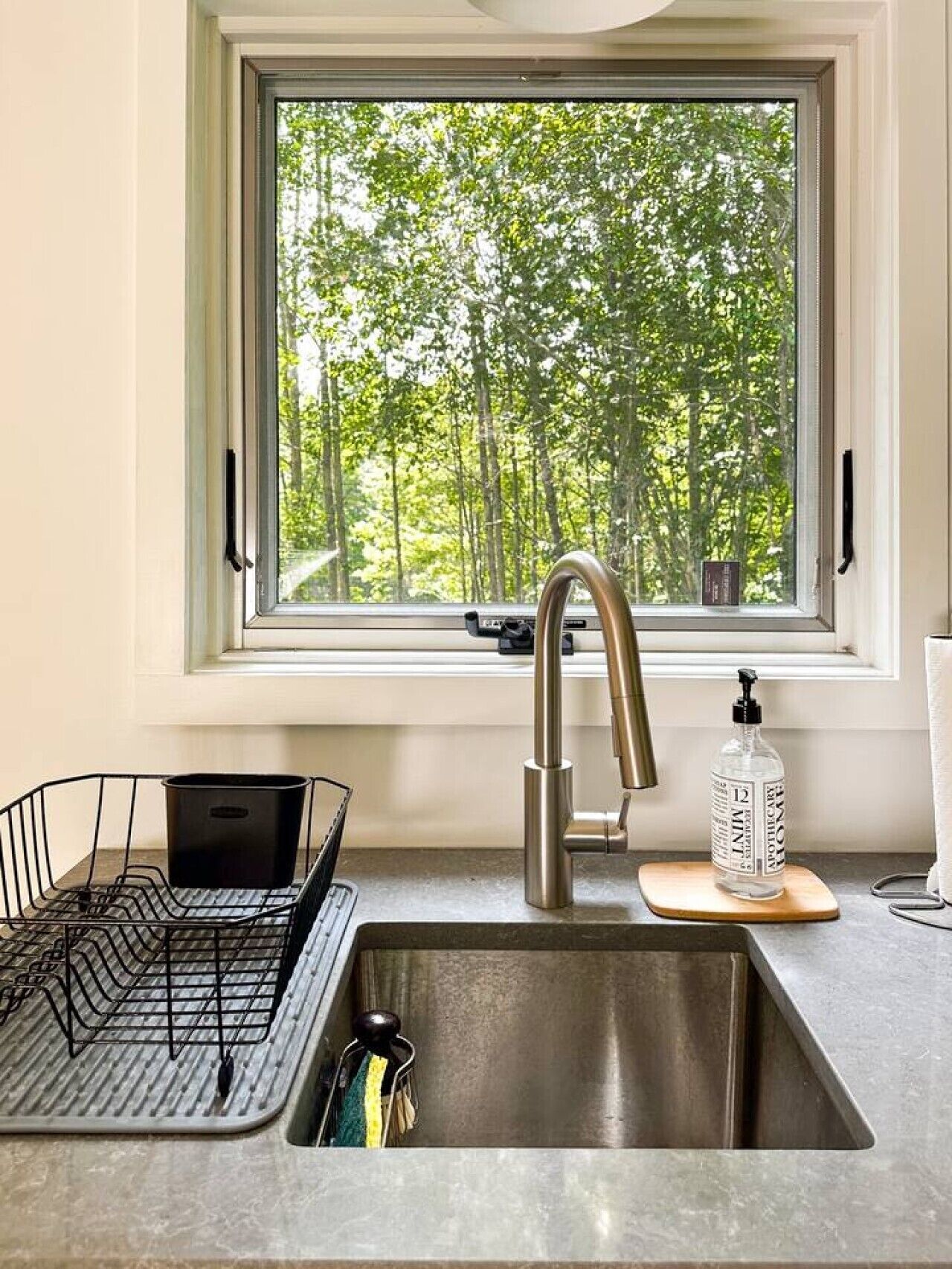 A kitchen with a stainless steel sink, a window with a view of trees, and a soap dispenser on the counter.
